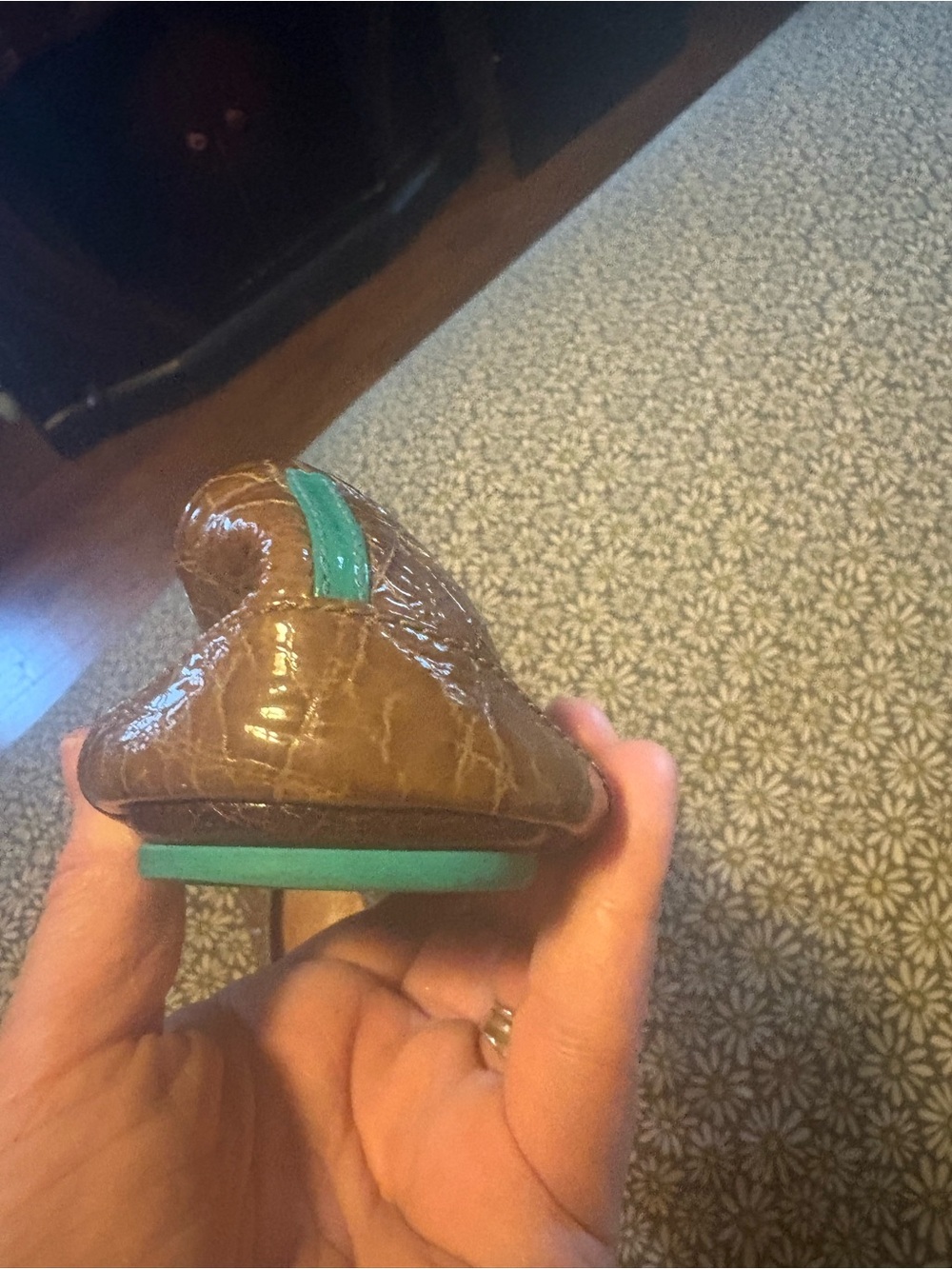 Tieks Brown Croc-Embossed Leather Ballet Flats with Teal Accent - Picture 5 of 7